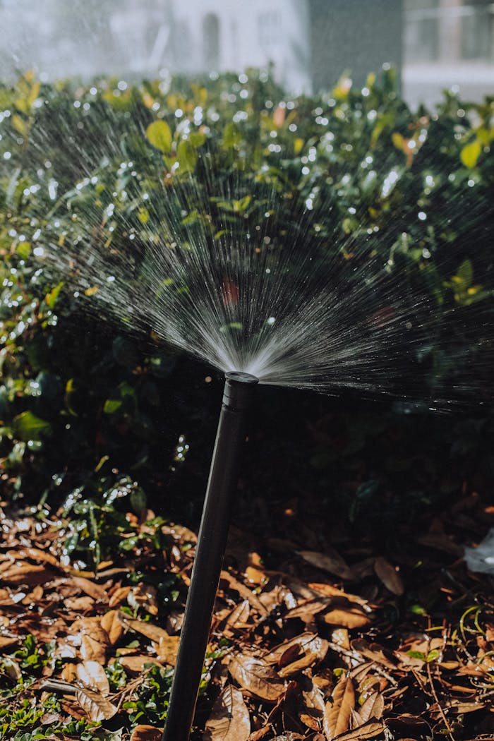 our-services-3 Detailed image of a garden sprinkler in action, watering green shrubs.